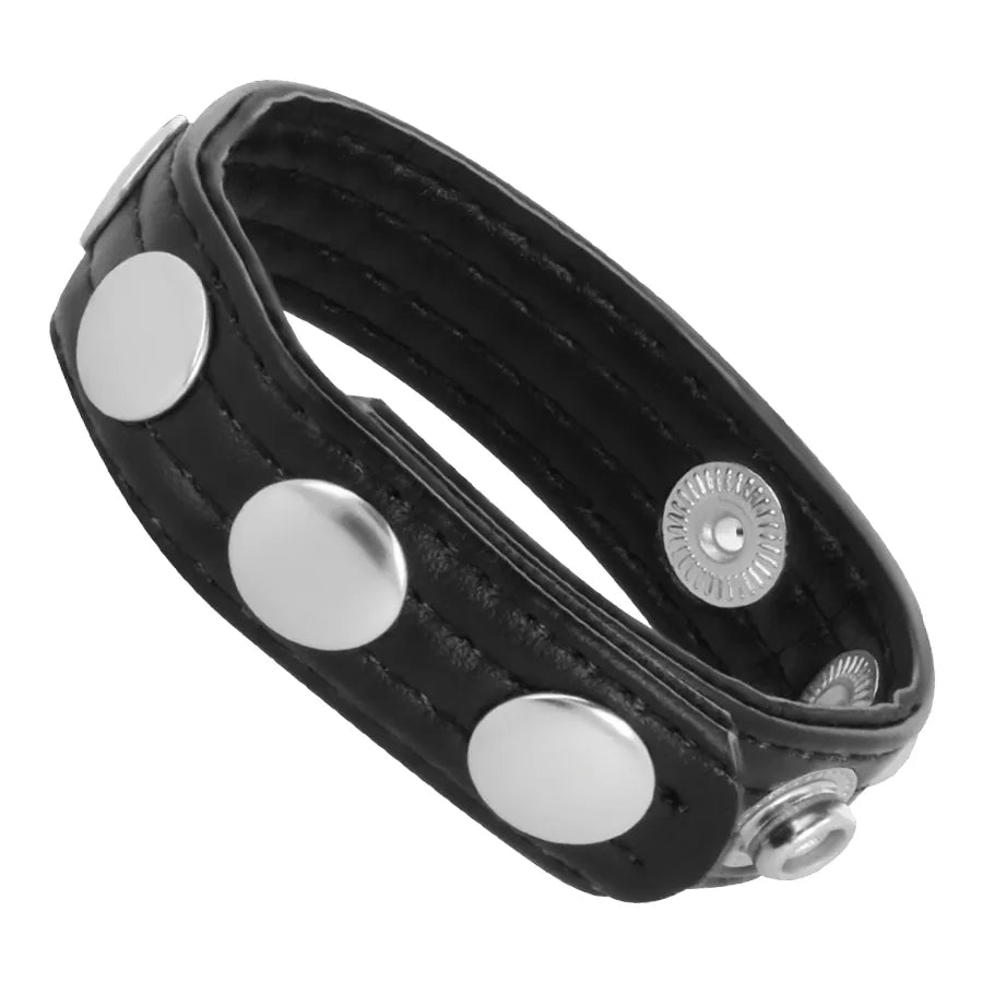 Bague cuir noire réglable cinq positions, métal sans nickel, ergonomique, durable, pour confort et performance BDSM.