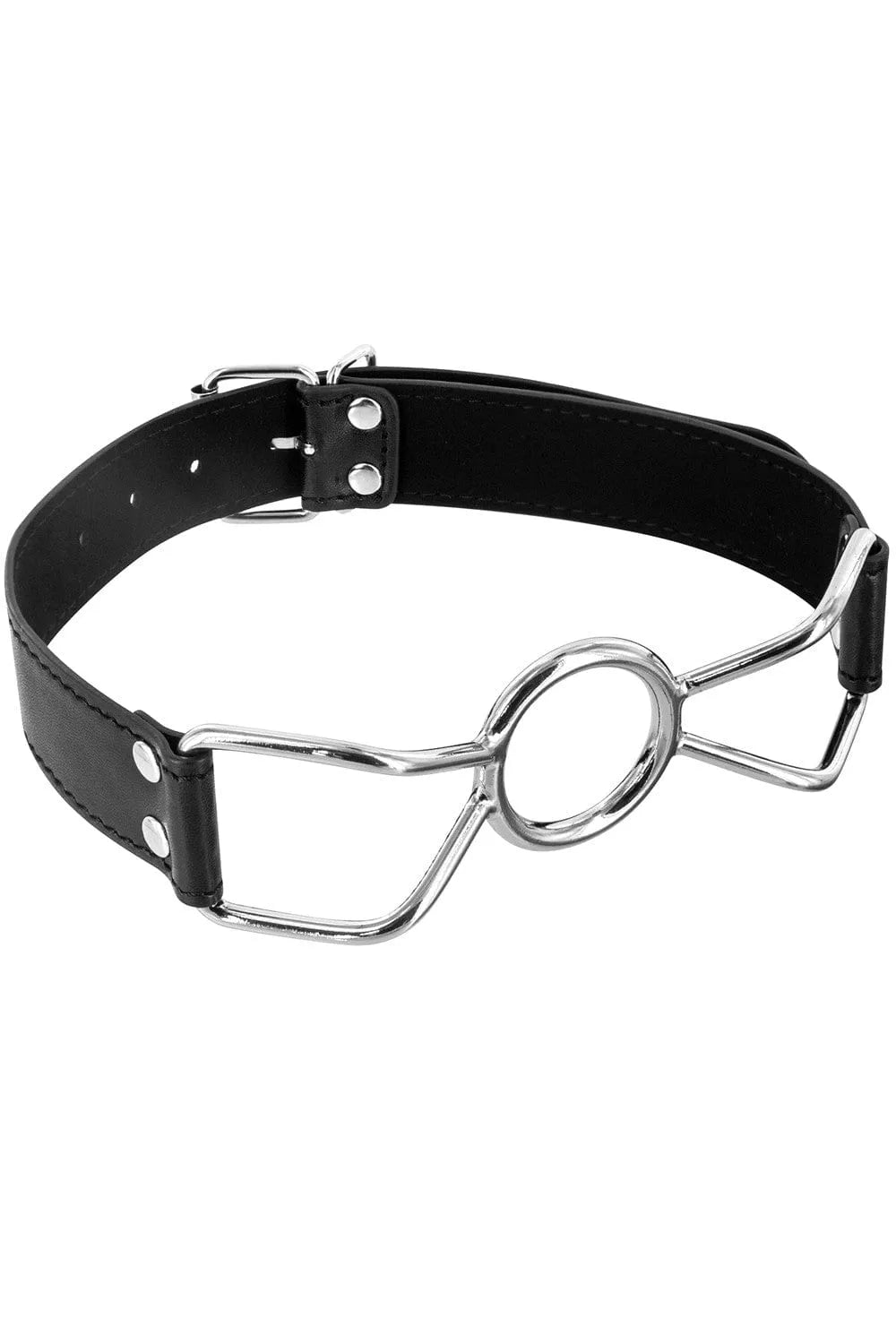 Baillon araignée réglable noir en polyuréthane et métal, maintien bouche ouverte, taille ajustable pour jeux BDSM.
