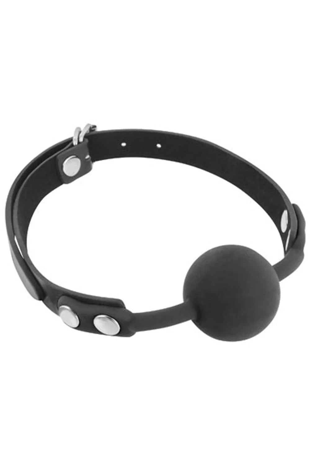 Baillon boule silicone noir, sangle réglable, circonférence 42-57 cm, confort et hygiène, finition durable.