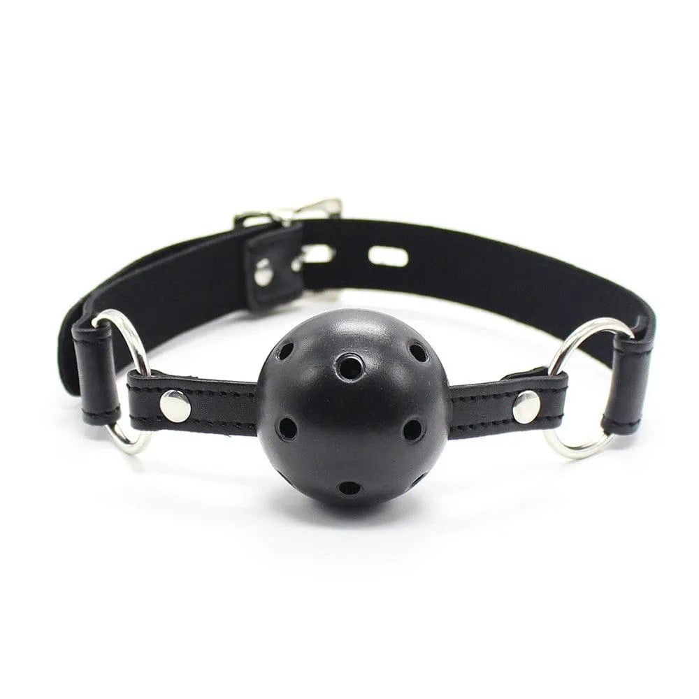 bâillon boule percée respirante réglable sangle réglage tour tête 42cm 58cm 45mm PU durable confortable hygiénique lavable réutilisable finitions soignées