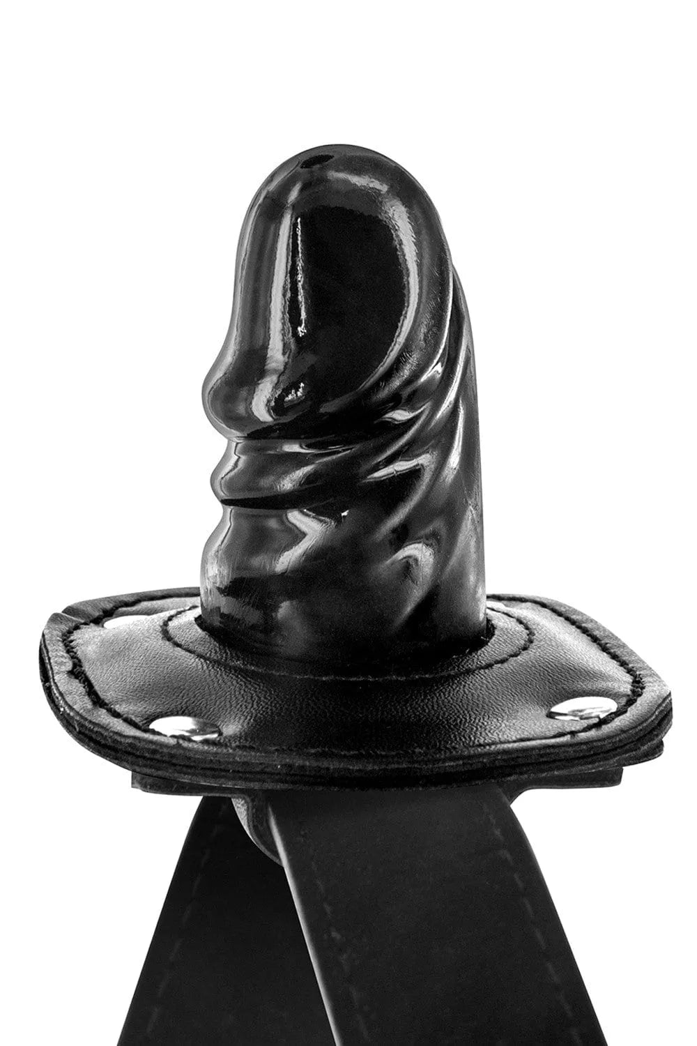 Bâillon SM noir avec mini gode TPR sans phtalates, réglable 40-59 cm, cadenas et clés inclus, design sécurisé et ajustable.