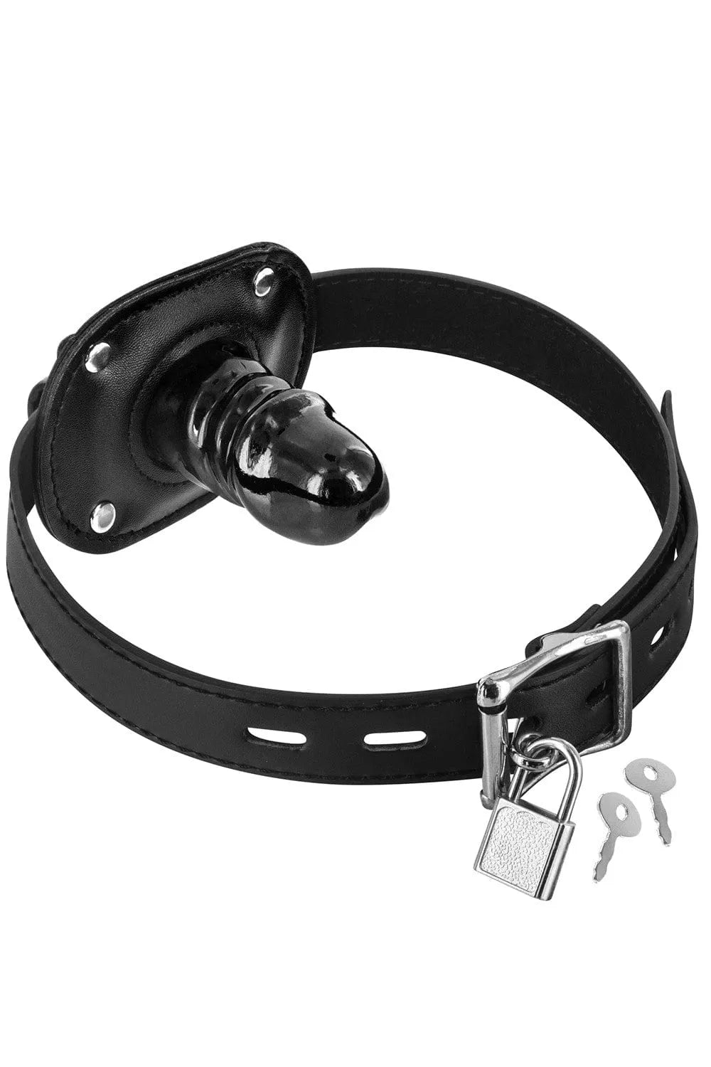 Bâillon SM noir avec gode TPR, réglable 40-59 cm, cadenas et clés inclus, sans phtalates, pour jeux de rôle sécurisés.