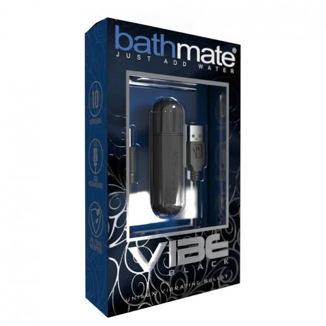 Balle vibrante noire ergonomique, compacte, étanche, avec câble USB, dans un coffret cadeau bleu pour hydrothérapie.