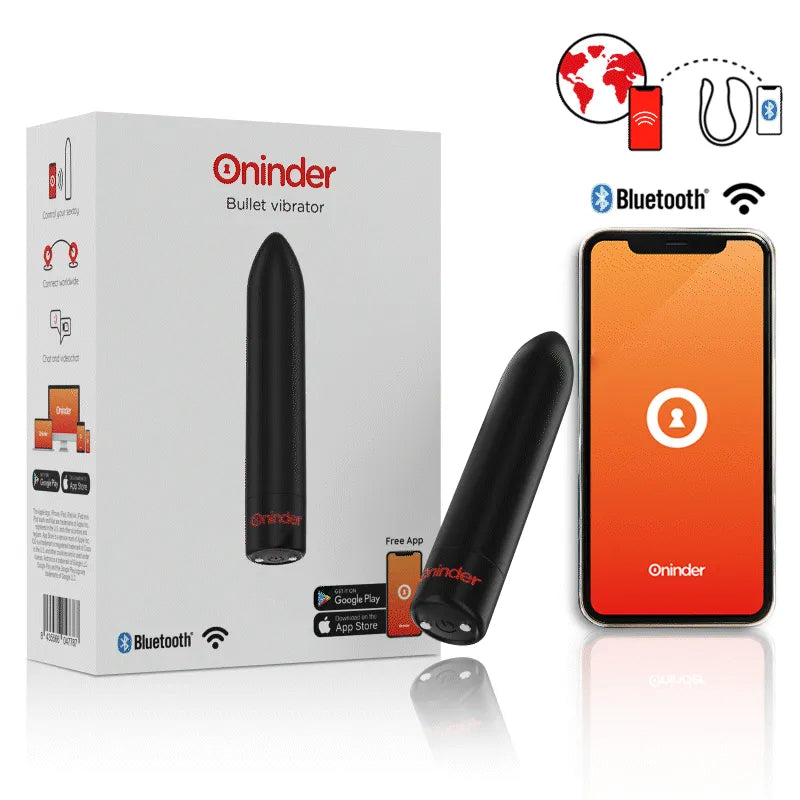 Balle vibrante noire étanche Oninder, forme compacte, contrôlable via app mobile, silicone médical, Bluetooth, IPX7.