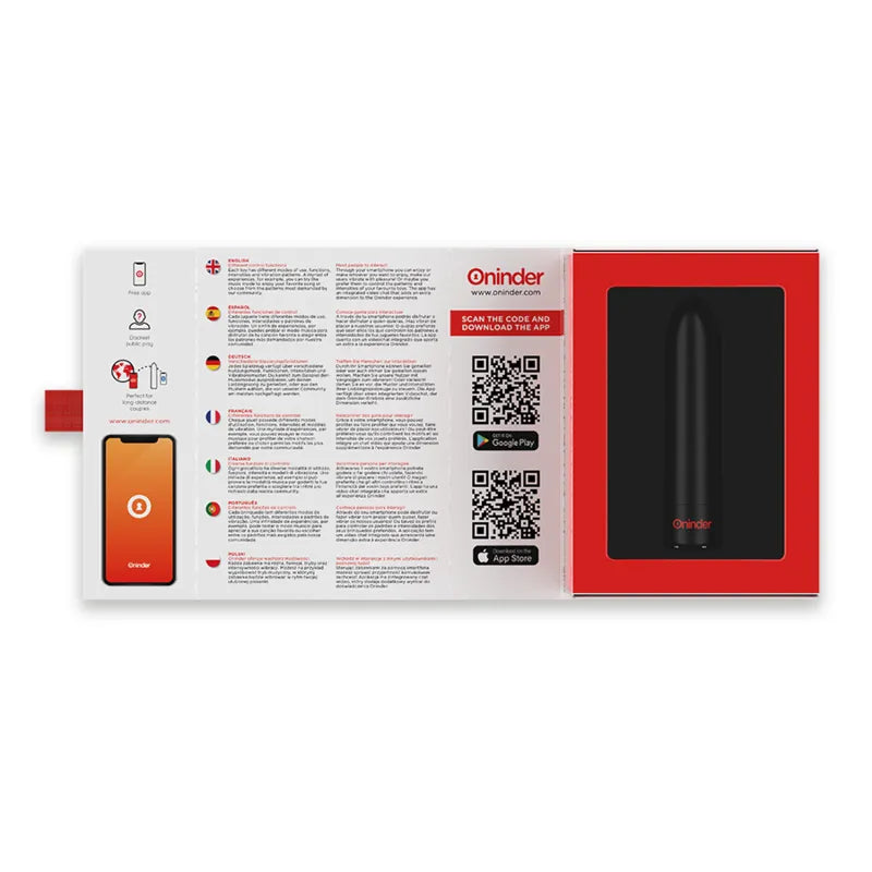 Balle vibrante noire étanche Oninder, compacte, en silicone, avec application mobile, dans un emballage rouge et blanc.