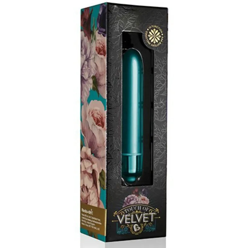 Balle vibrante étanche bleue, forme allongée, emballage floral, stimulation précise, dix fonctions, hypoallergénique.