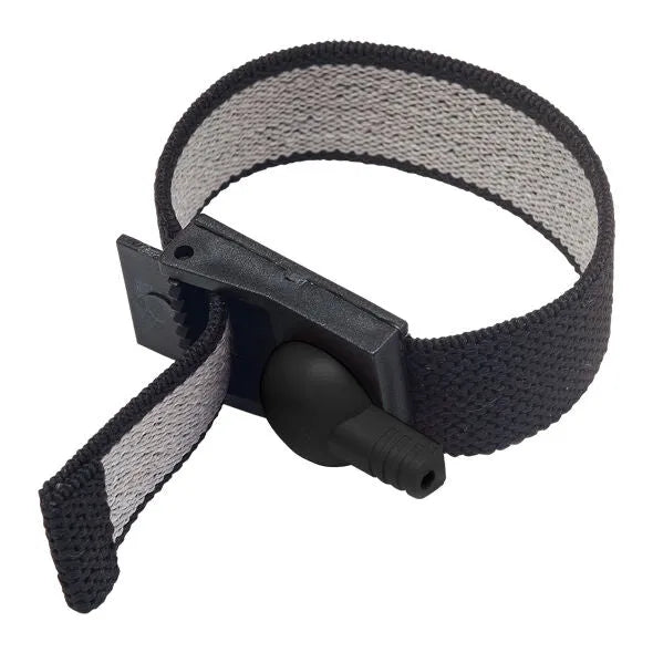Bande élastique électroconductrice noire et grise, ajustable, pour stimulation unipolaire, en fibres conductrices.
