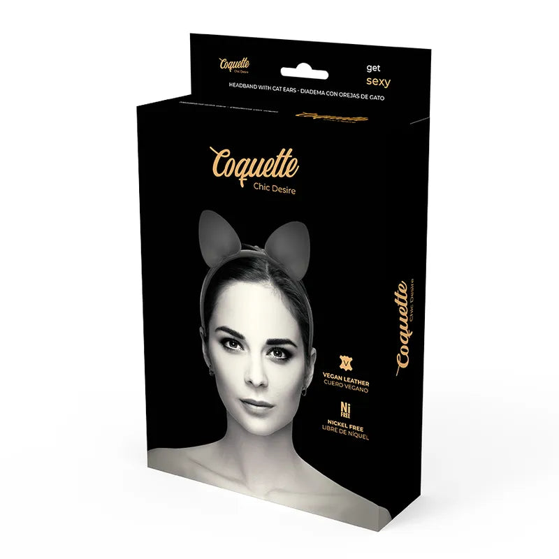 Bandeau noir en cuir végétalien avec oreilles de chat, élégant et durable, sur fond noir, dans emballage Coquette Chic Désir.