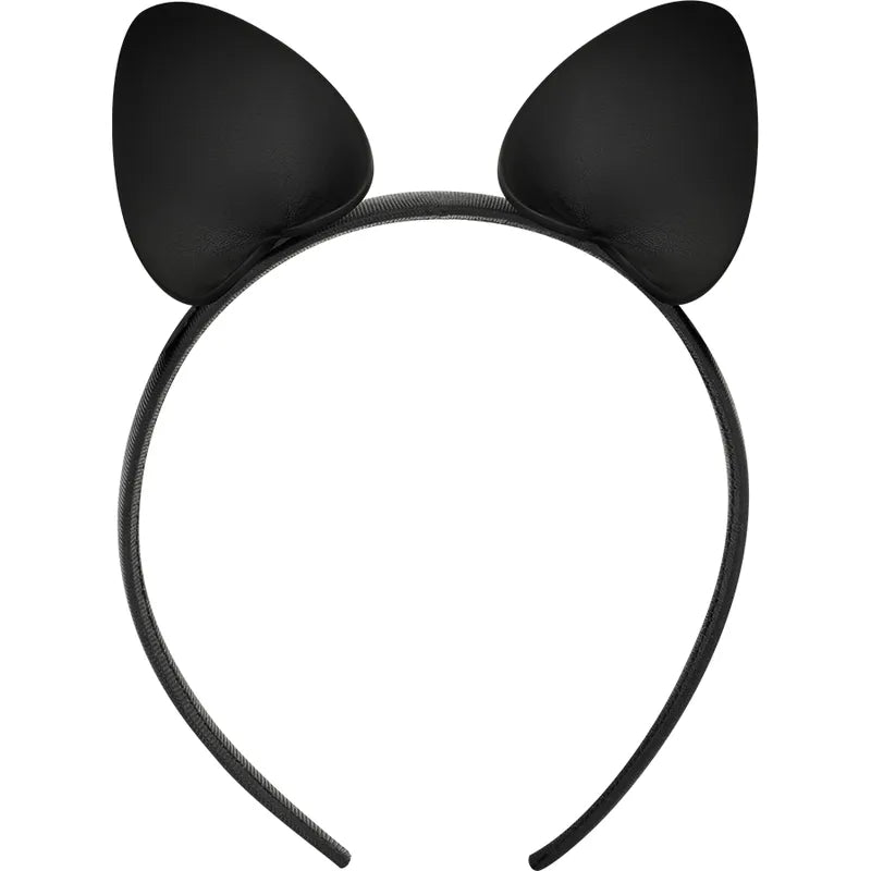 Bandeau noir en cuir végétalien avec oreilles de chat, élégant et durable, accessoire chic pour tenues ludiques et éthiques.