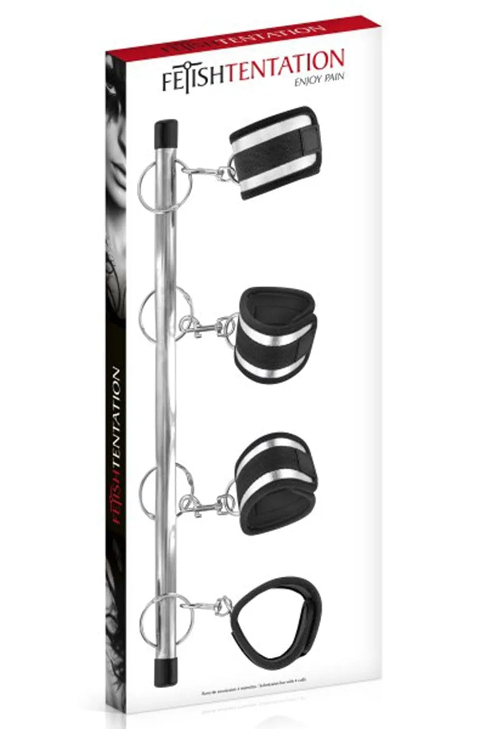 Barre BDSM métal argenté avec menottes néoprène noires ajustables, mousquetons robustes, emballage Fetish Tentation.