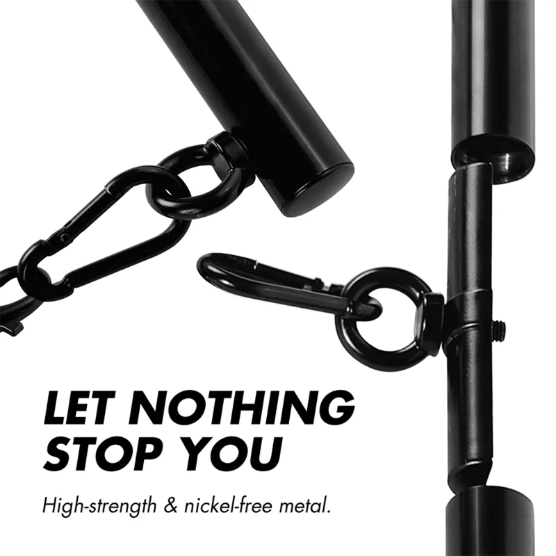 Barre d'écartement BDSM noire réglable, modulaire, démontable, sans nickel, avec attaches robustes en métal.