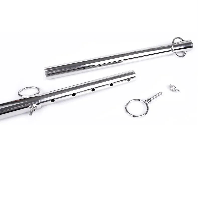 Barre cheville BDSM en acier extensible, ajustable, avec vis de fixation, anneaux et trous pour personnalisation.