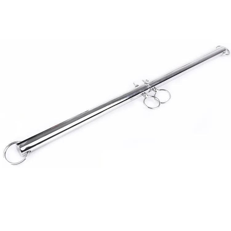 Barre de cheville BDSM en acier extensible, argentée, avec anneaux de fixation, réglable pour confort et sécurité.
