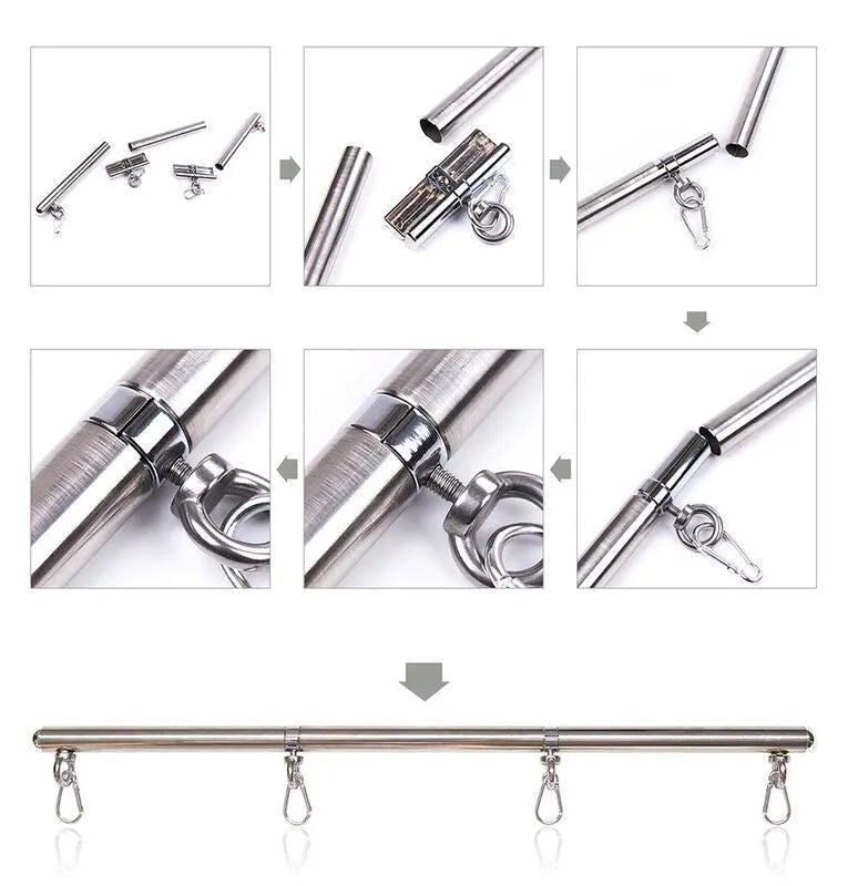 barre retenue métal robuste durable sécurité confortable fixation multiposition quatre crochets longueur optimale soixante trois centimètres finition inoxydable usage fétichisme