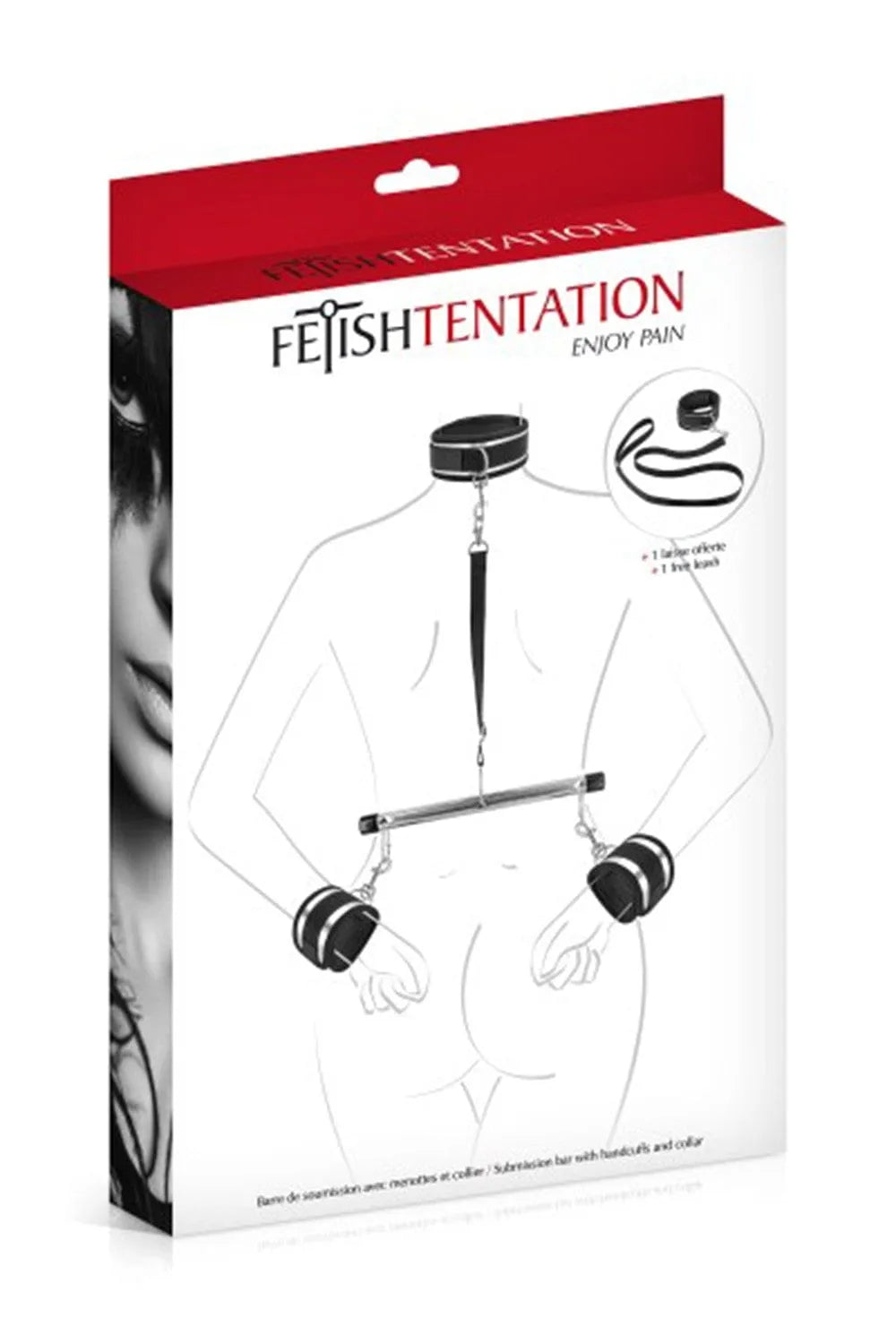 Barre écartement BDSM en aluminium avec menottes et collier ajustables, laisse incluse, emballage rouge et blanc.