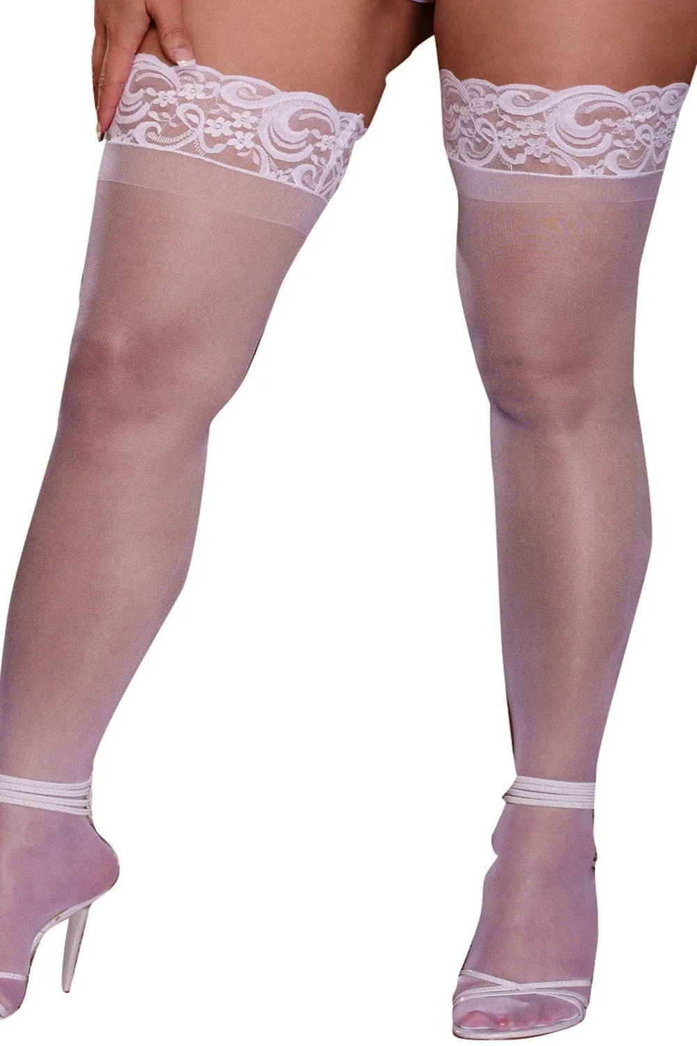 Bas autofixants grande taille blancs légèrement opaques jarretières élégantes nylon extensible maintien confortable durable galbe sublimé