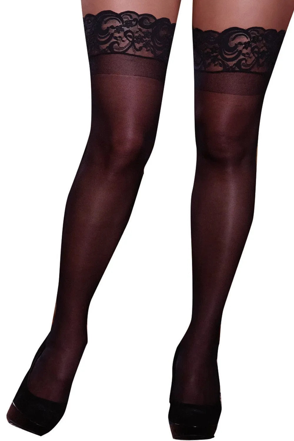 Bas autofixants grande taille noir sexy légèrement opaques nylon élasthanne maintien jarretières délicates confort durable courbes femmes rondes