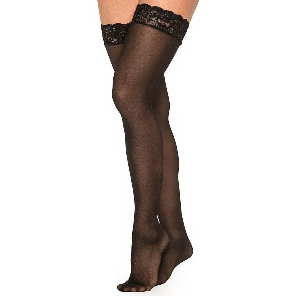 Bas autofixants noirs nylon élasthanne opaques jarretière dentelle large bande silicone maintien cuisses élégants fins délicats confortables
