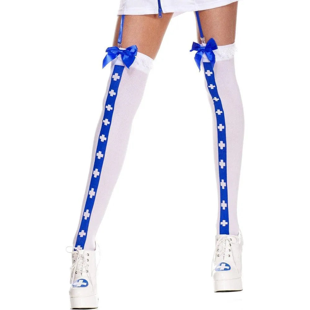 bas blanc fantaisie opaques bande bleue croix noeuds satinés nylon doux confortable résistant sexy ravissant infirmière porte jarretelles