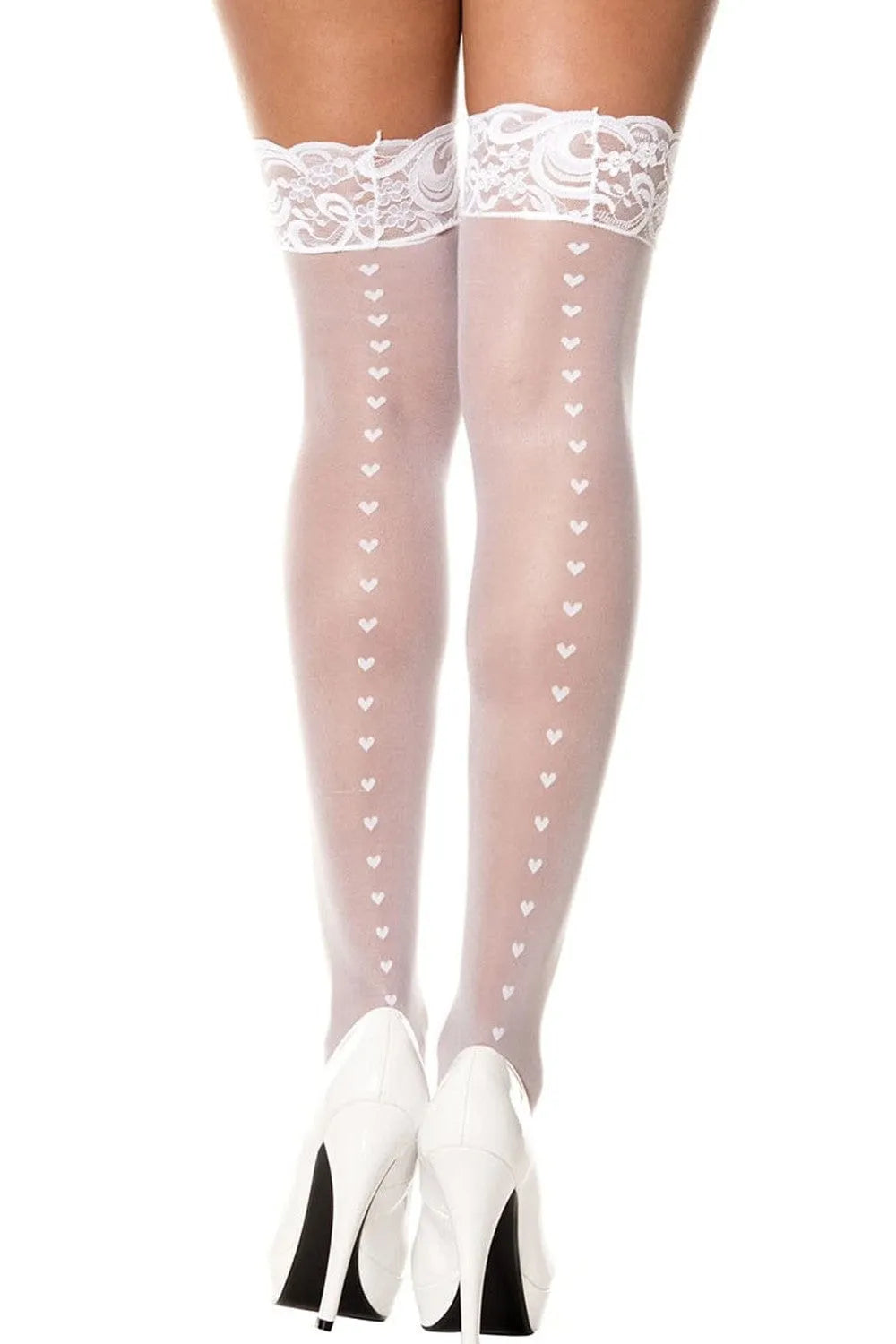 Bas blancs voile fin avec coeurs imprimés arrière, jarretières dentelle blanches, élégance et confort pour femme.