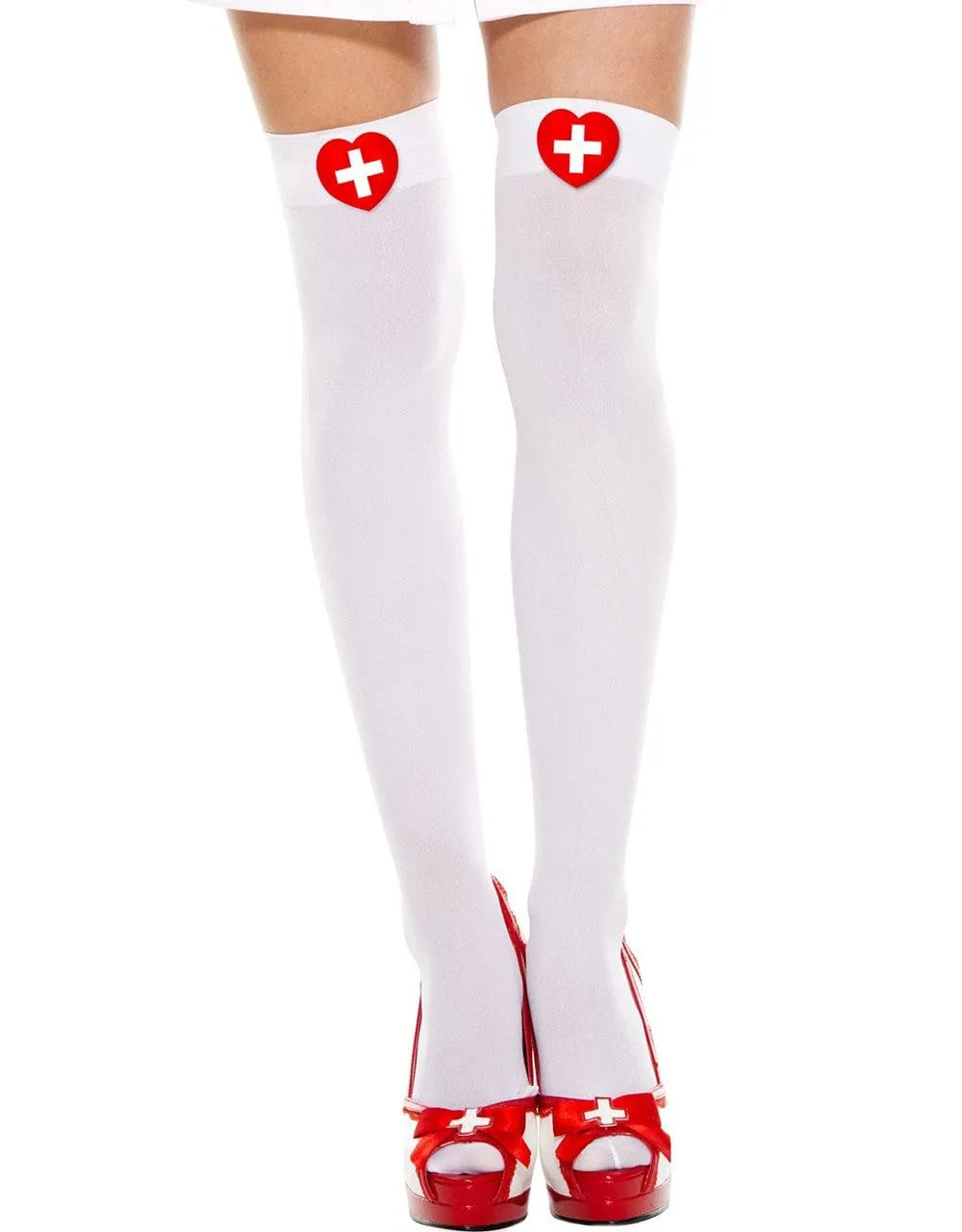 Bas blancs opaques en nylon avec motif croix rouge, style infirmière, couvrants et glamour, parfaits pour déguisement.