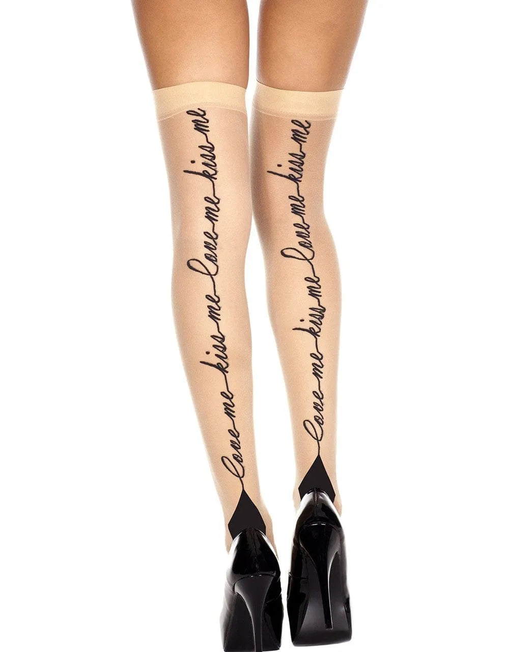 Bas chair transparents avec slogan Love Me Kiss Me à l'arrière, finition douce, nylon élasthanne, porte-jarretelles glamour.