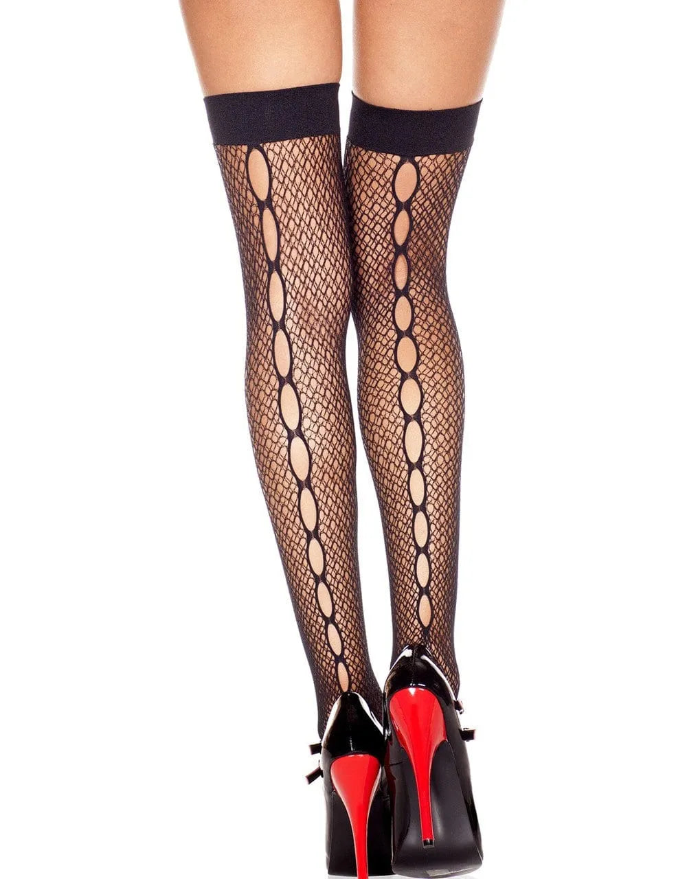 Bas résille noirs fins, jarretières opaques, ligne ajourée arrière, nylon élasthanne, style sexy et confortable.