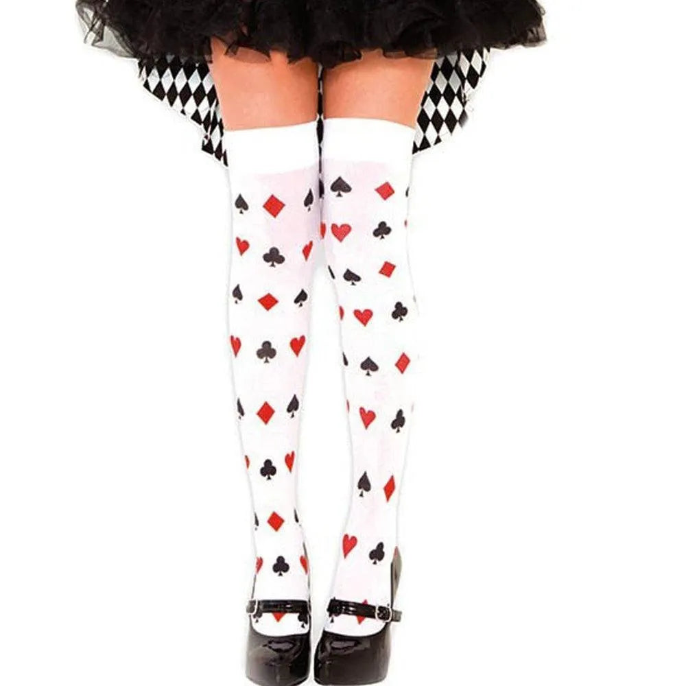 bas blancs Alice motifs cartes jeu fantaisie vintage élégant ludique sophistiqué nylon confortable durable soirée thème déguisement romantique sexy