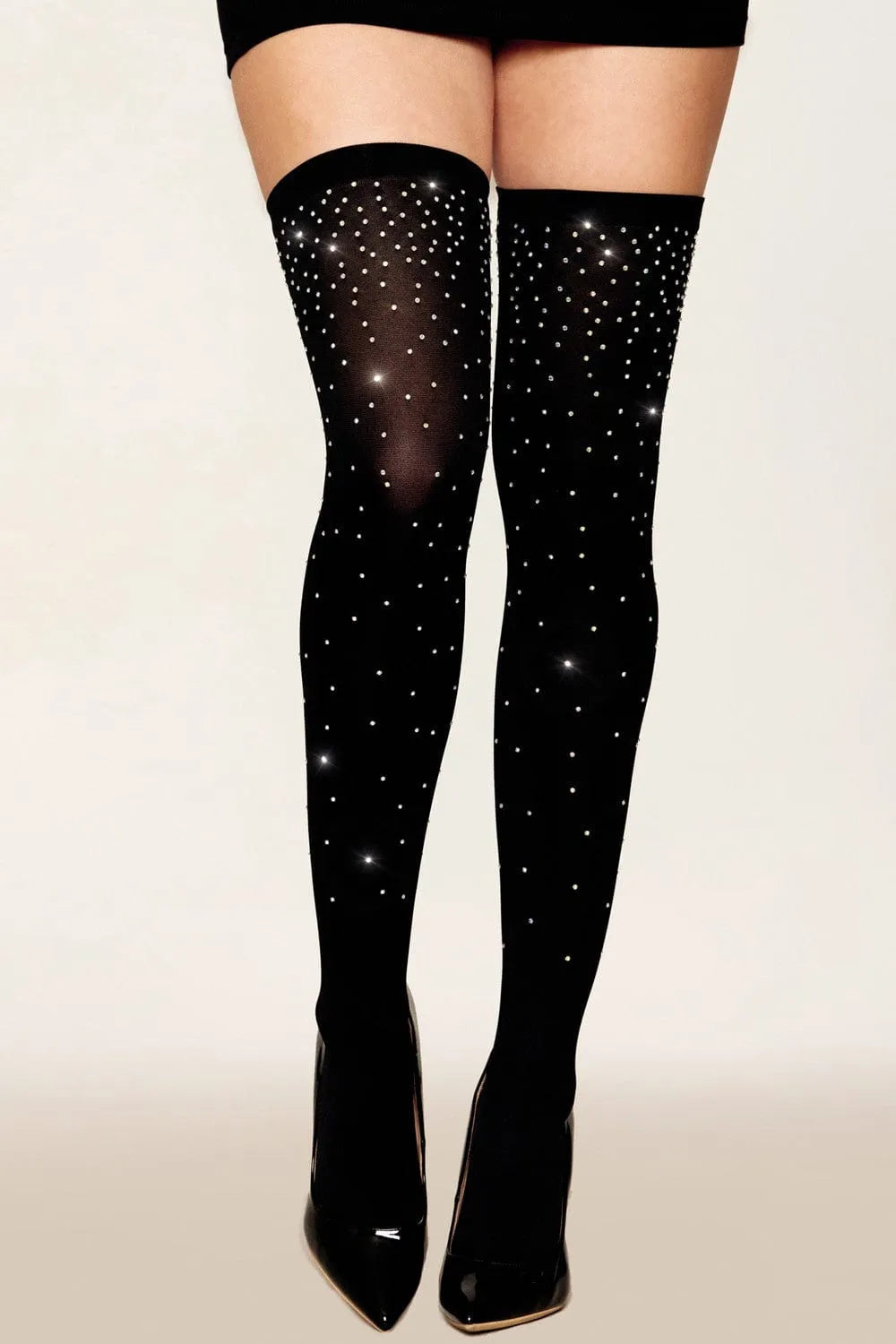 Bas noirs à strass scintillants, maintien élastique cuisses, glamour et élégance pour soirées et occasions spéciales.