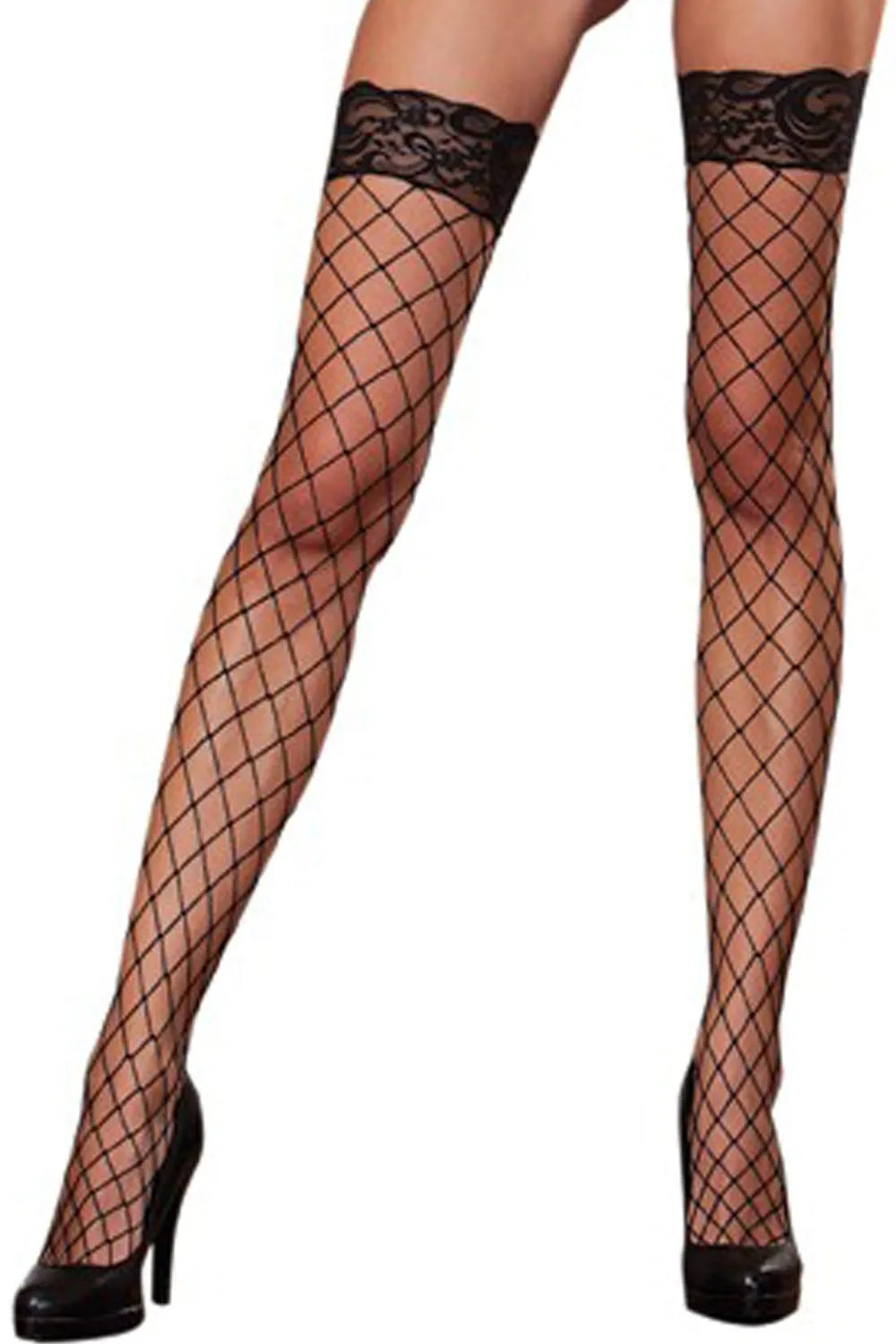 Bas noirs autofixants résille, dentelle florale, bandes silicone, nylon élasthanne, élégant, sexy, soirée femme.