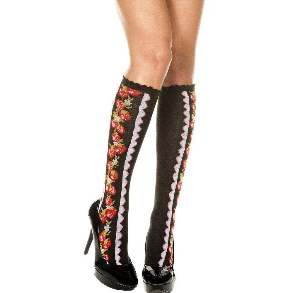 chaussettes mi bas noirs courtes motif fraises maintien confortable composition acrylique nylon elasthanne extensible élégant chic intemporel tendance original