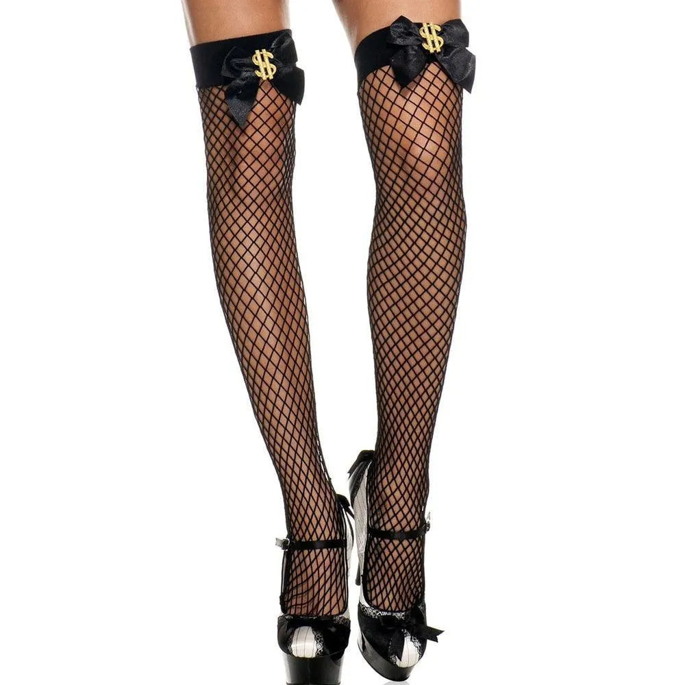 Bas noirs sexy fantaisie jarretières noeuds satinés symbole dollar nylon élasthanne extensible durable confortable abordable