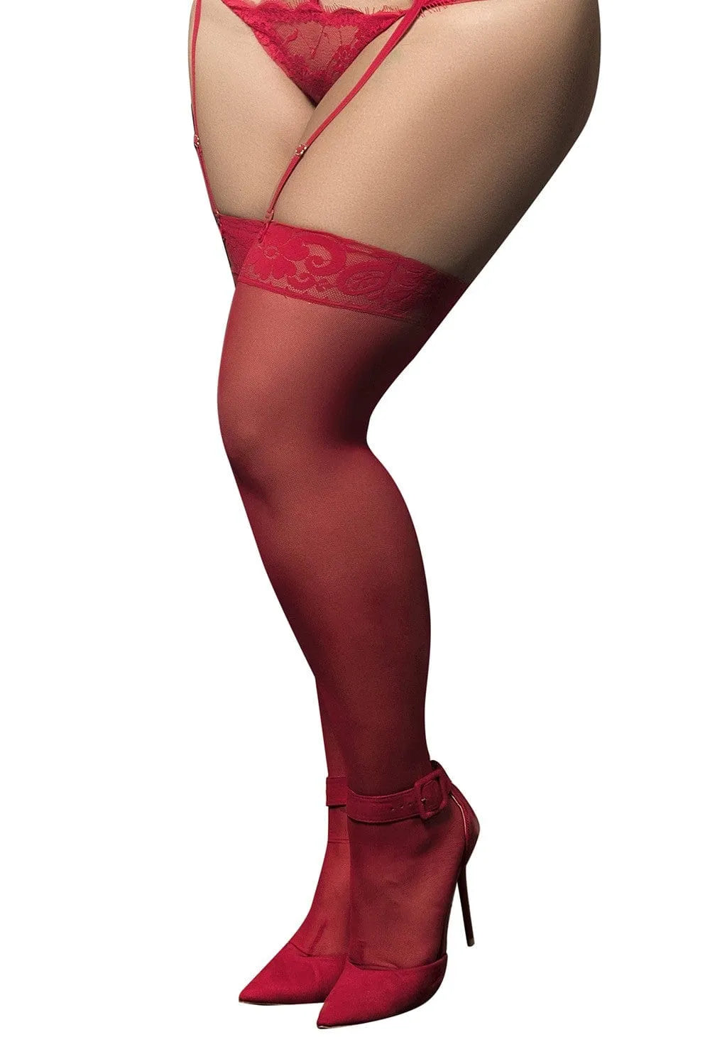 bas nylon rouges autofixants grande taille jarretière dentelle bande silicone maintien confortable extensible élasthanne fin délicat sexy élégant sophistiqué