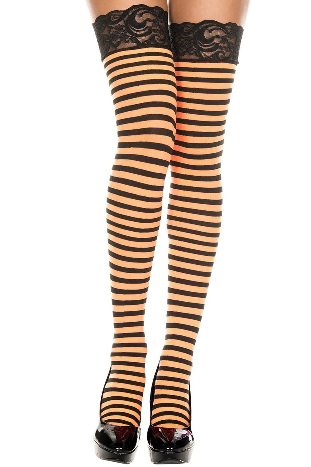 Bas opaques noirs rayés orange jarretières dentelle sensualité sophistiqués confortables nylon extensibles doux élégants glamour soirée