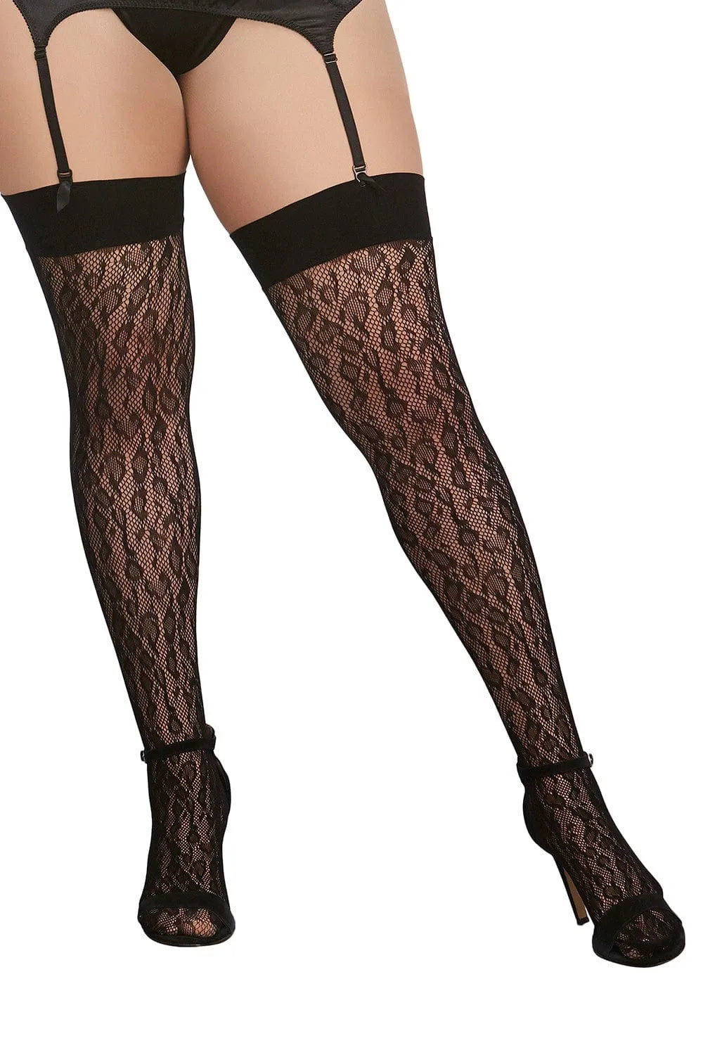 Bas résille grande taille noir motif léopard, bande haute cuisse, élégance et confort pour toutes les silhouettes.