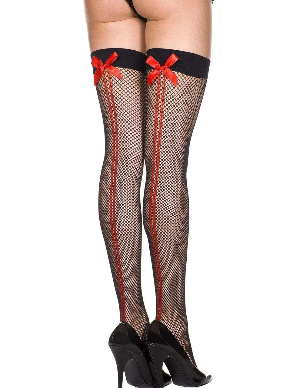 Bas résille noirs avec coutures rouges, nœuds satinés, extensibles, élégants, pour soirée glamour et séduction rétro.