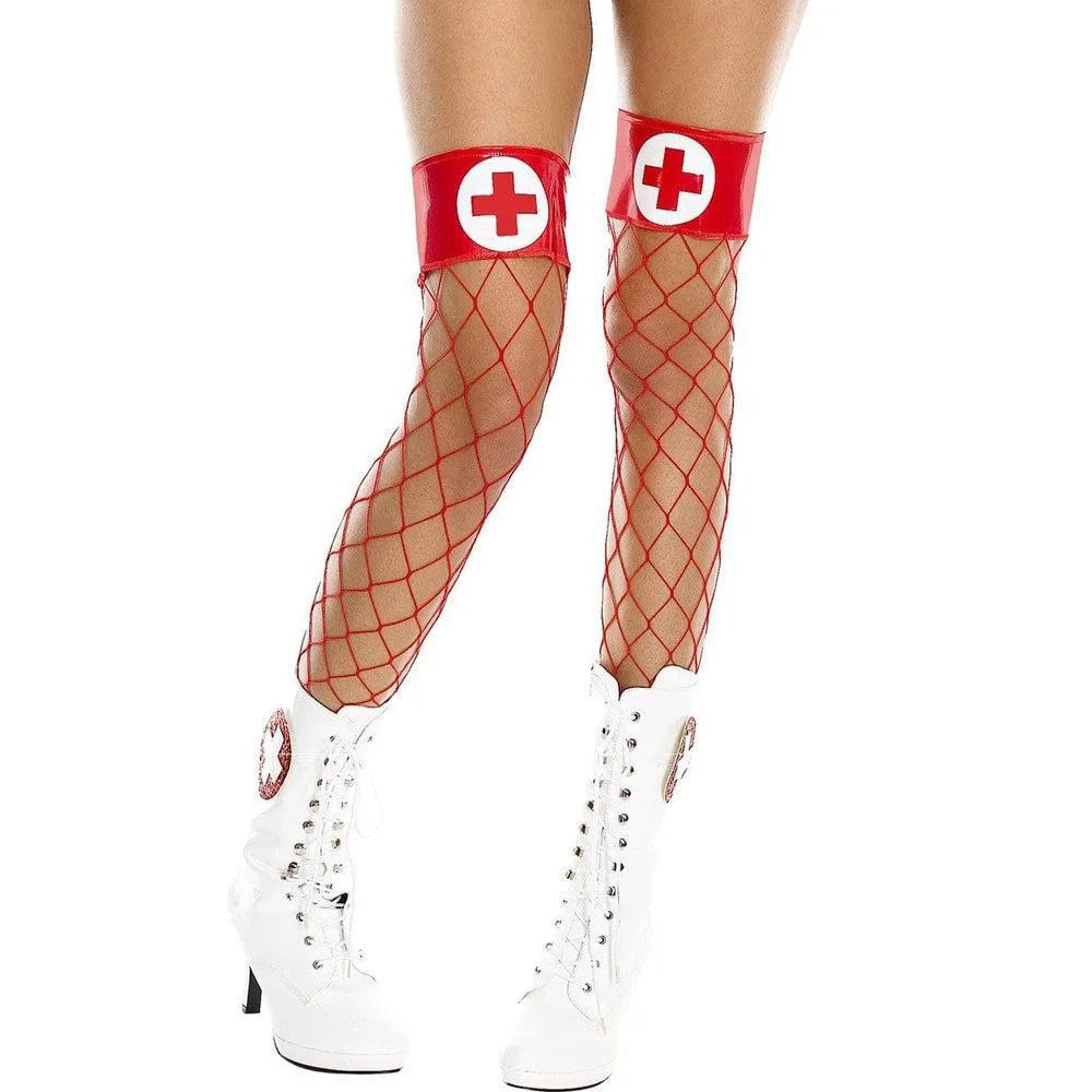 Bas résille rouges infirmière sexy jarretières brillantes motif croix nylon élasthanne extensible confortable élégante glamour séduisante audacieuse soirée
