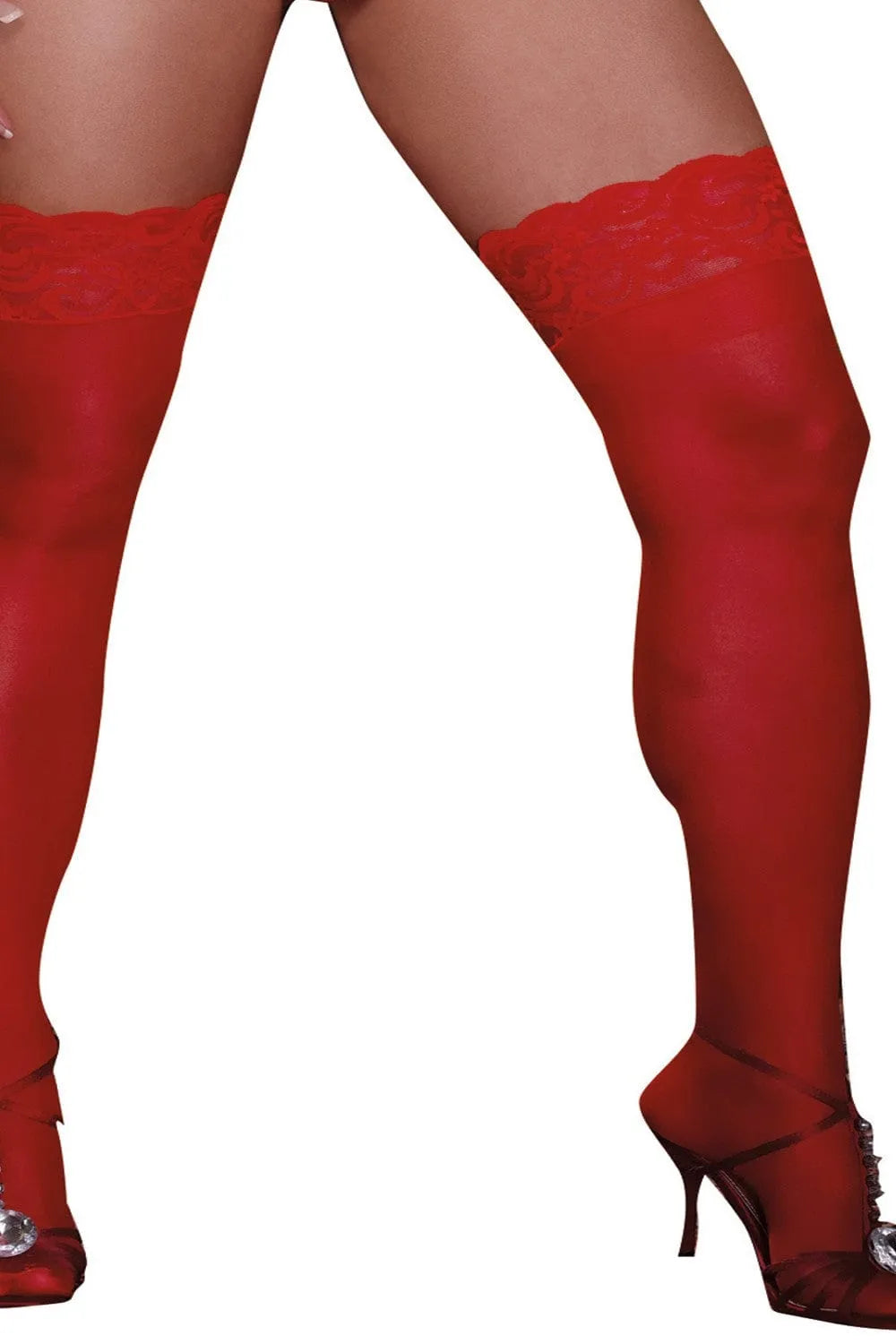 Bas rouges autofixants grande taille, légèrement opaques, jarretières délicates, galbant les jambes, élégance féminine.