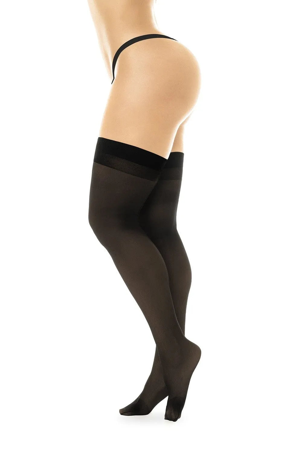 Bas noirs transparents en nylon, élégants et doux, portés avec porte-jarretelles, parfaits pour soirée ou bureau.