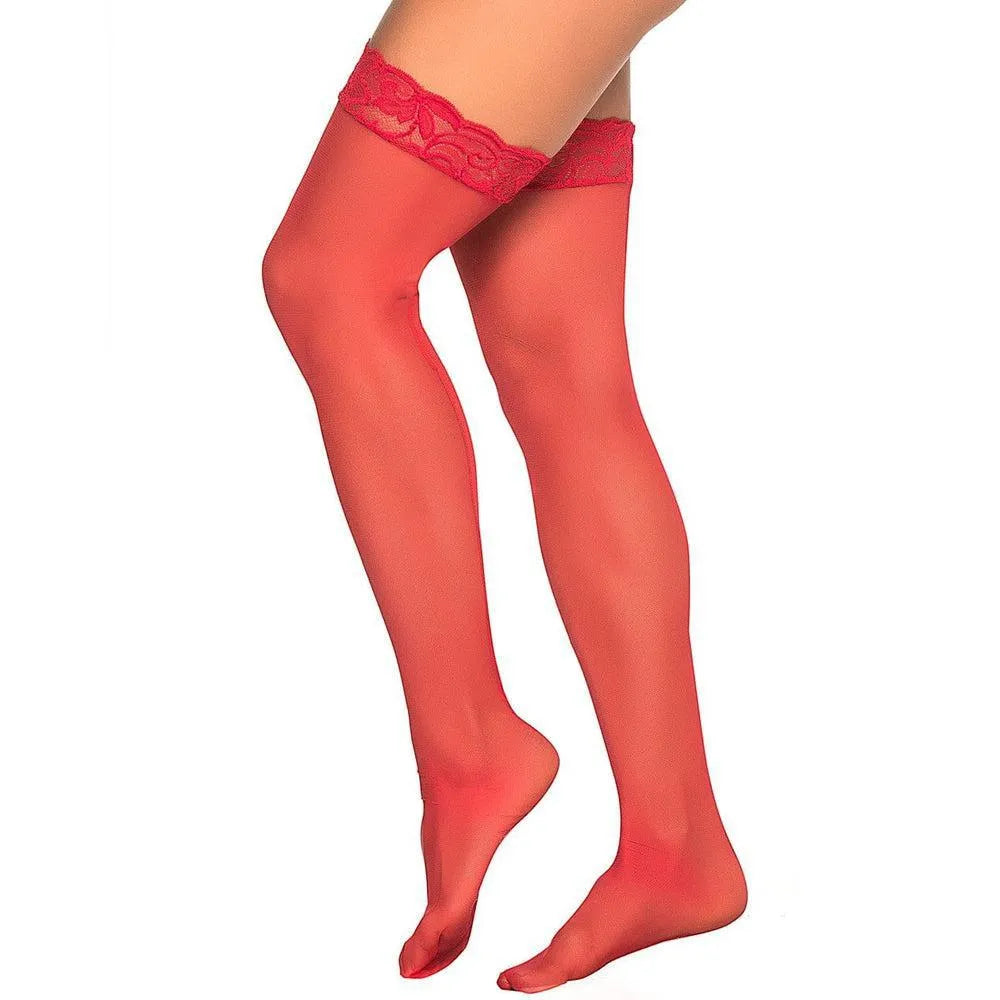 bas sexy rouges nylon opaques fins délicats jarretières dentelle silicone maintien cuisses autofixants extensibles confortables élégants