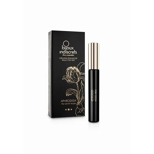 Baume clitoridien aphrodisiaque Bijoux Indiscrets, flacon noir élégant, packaging raffiné, parfum envoûtant, plaisir féminin.