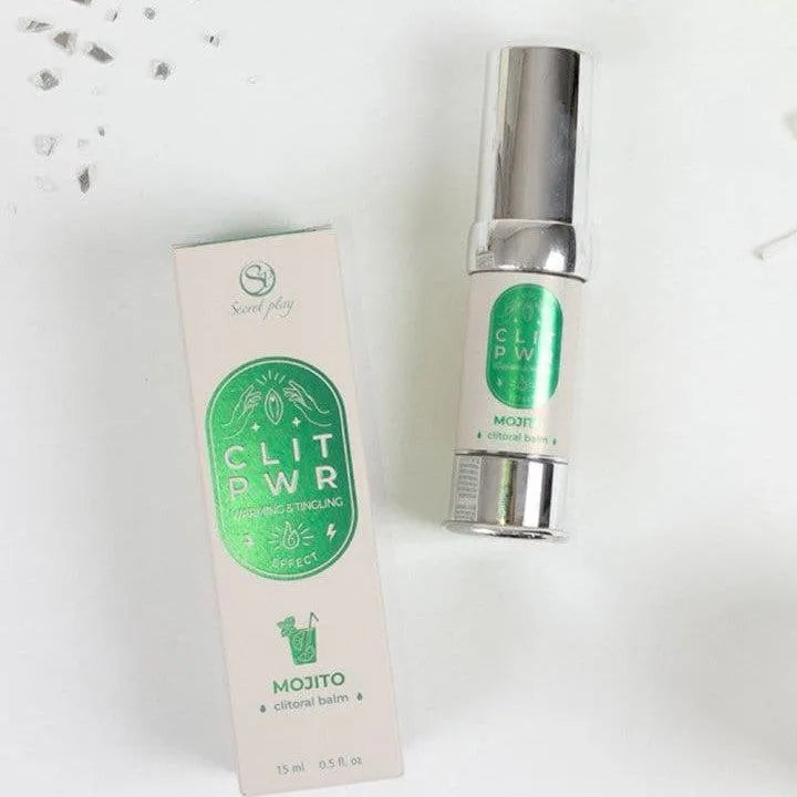 Baume clitoridien stimulant, flacon argenté 15 ml, boîte blanche et verte, effet chaleur intense et vibration.