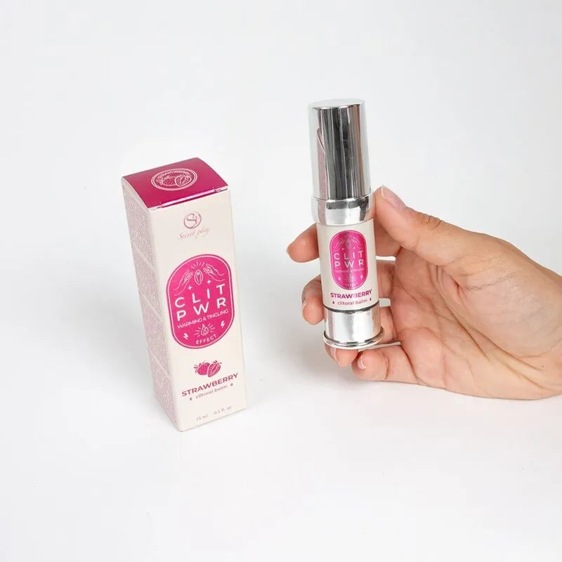 Baume chauffant clitoridien fraise 15ml, flacon argenté, boîte rose, intensité orgasmique, absorption rapide.