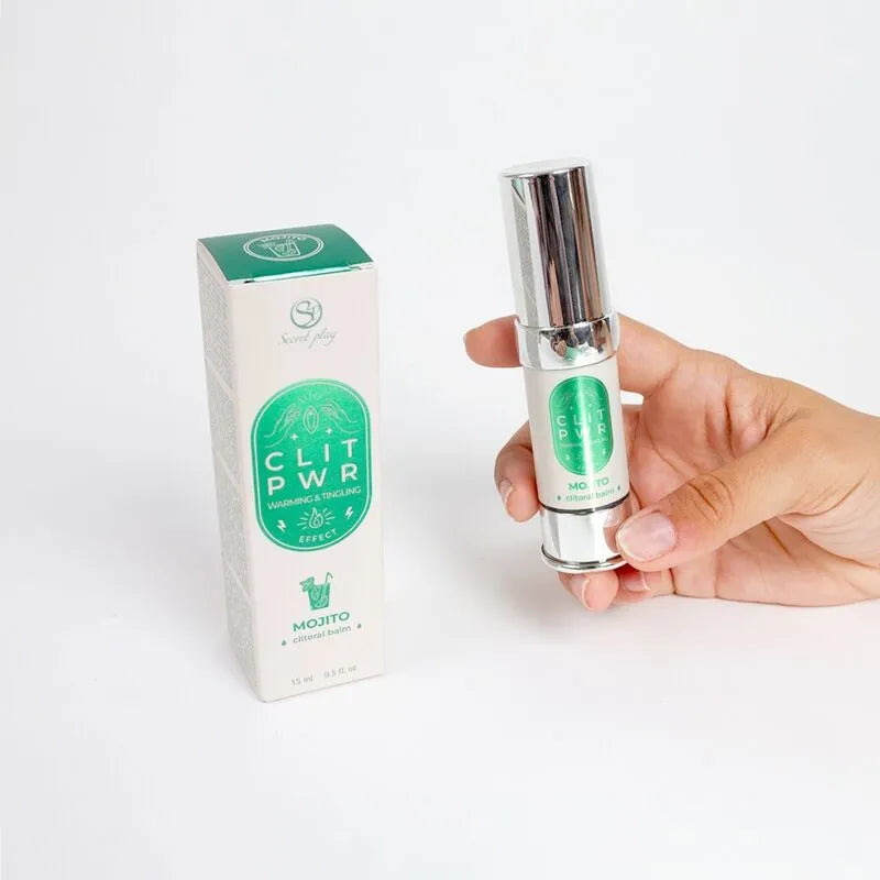 Flacon argenté de baume stimulant clitoris chauffant, 15 ml, avec boîte verte, formule naturelle pour plaisir intense.