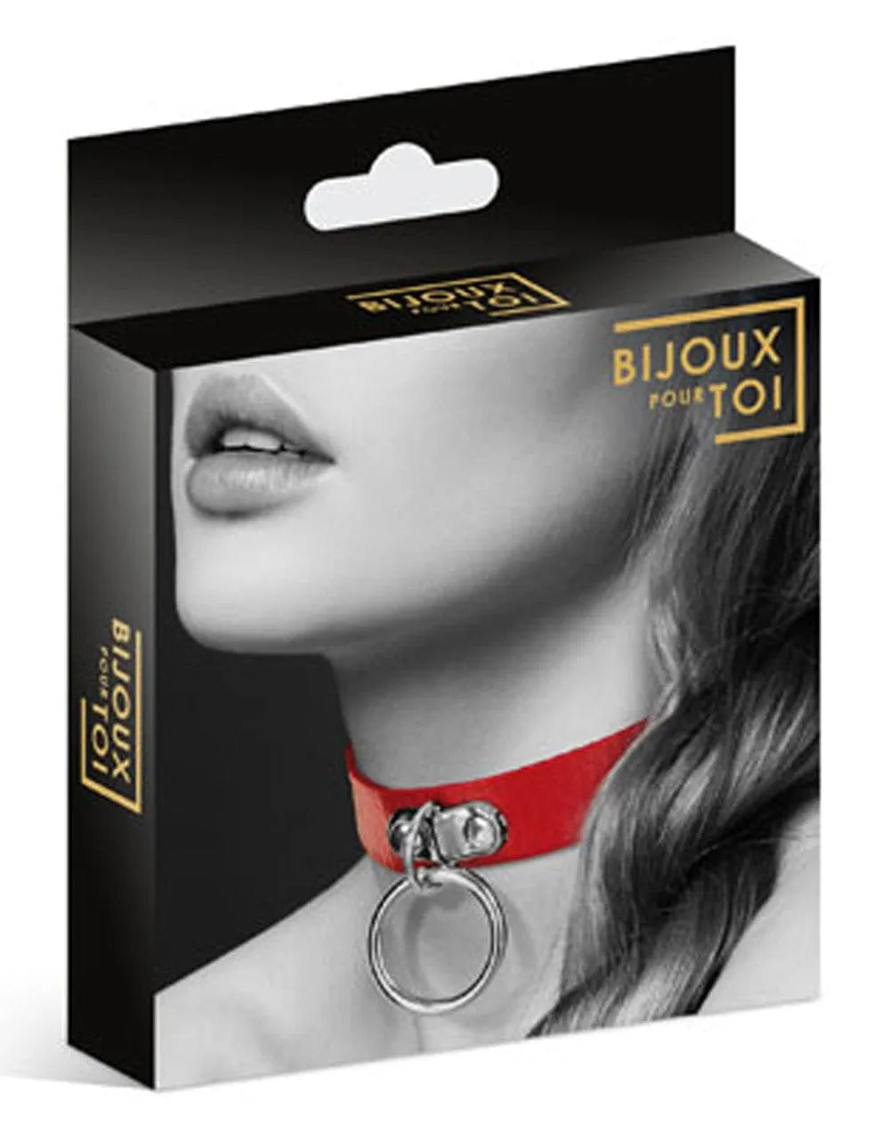 Collier BDSM en cuir rouge avec anneau argenté, réglable, présenté dans un emballage noir élégant.