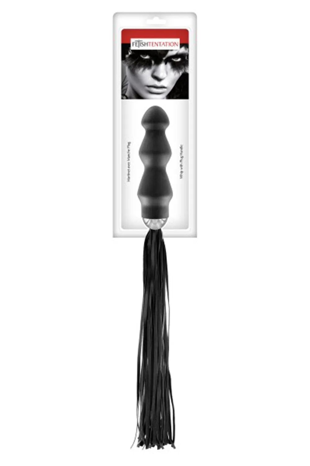 Martinet BDSM noir avec lanières en simili cuir et plug à 3 boules, longueur totale 45 cm, pour punitions coquines.