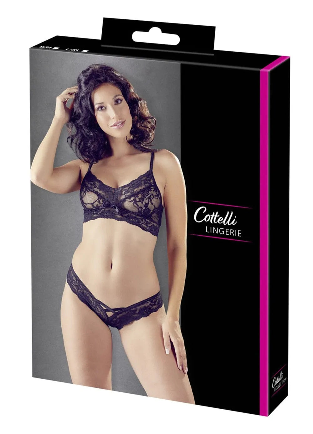 Ensemble lingerie noir dentelle scintillante, soutien-gorge bretelles croisées, tanga ajusté, design séduisant.