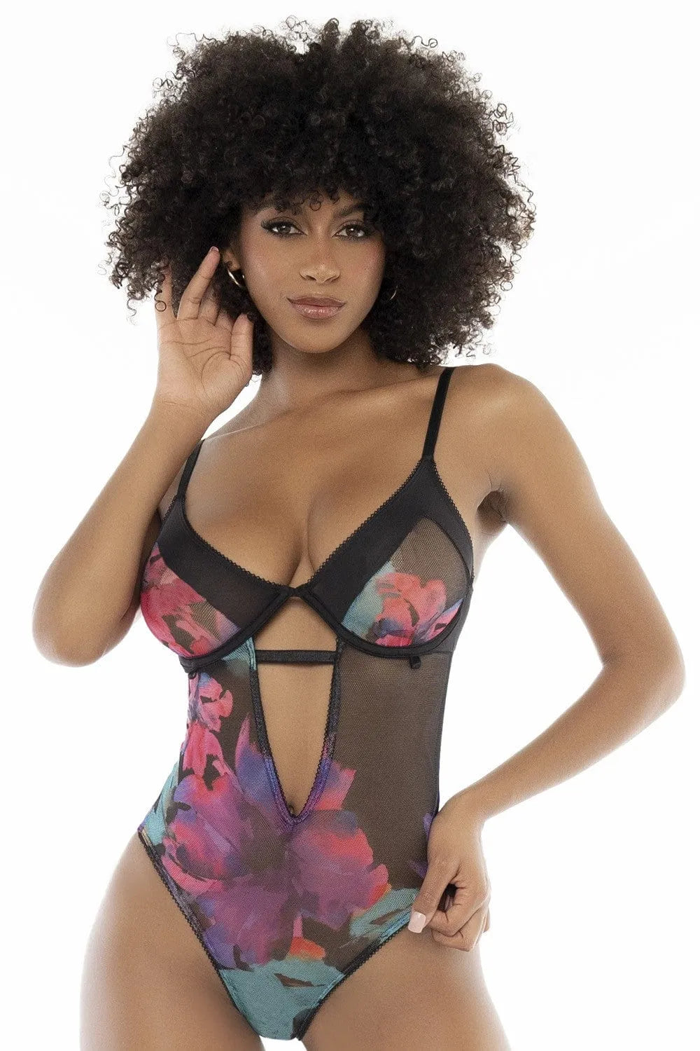 body noir imprimé fleurs exotiques élégant sophistiqué sexy bonnets armatures bretelles réglables soutien optimal silhouette galbée jarretelles amovibles