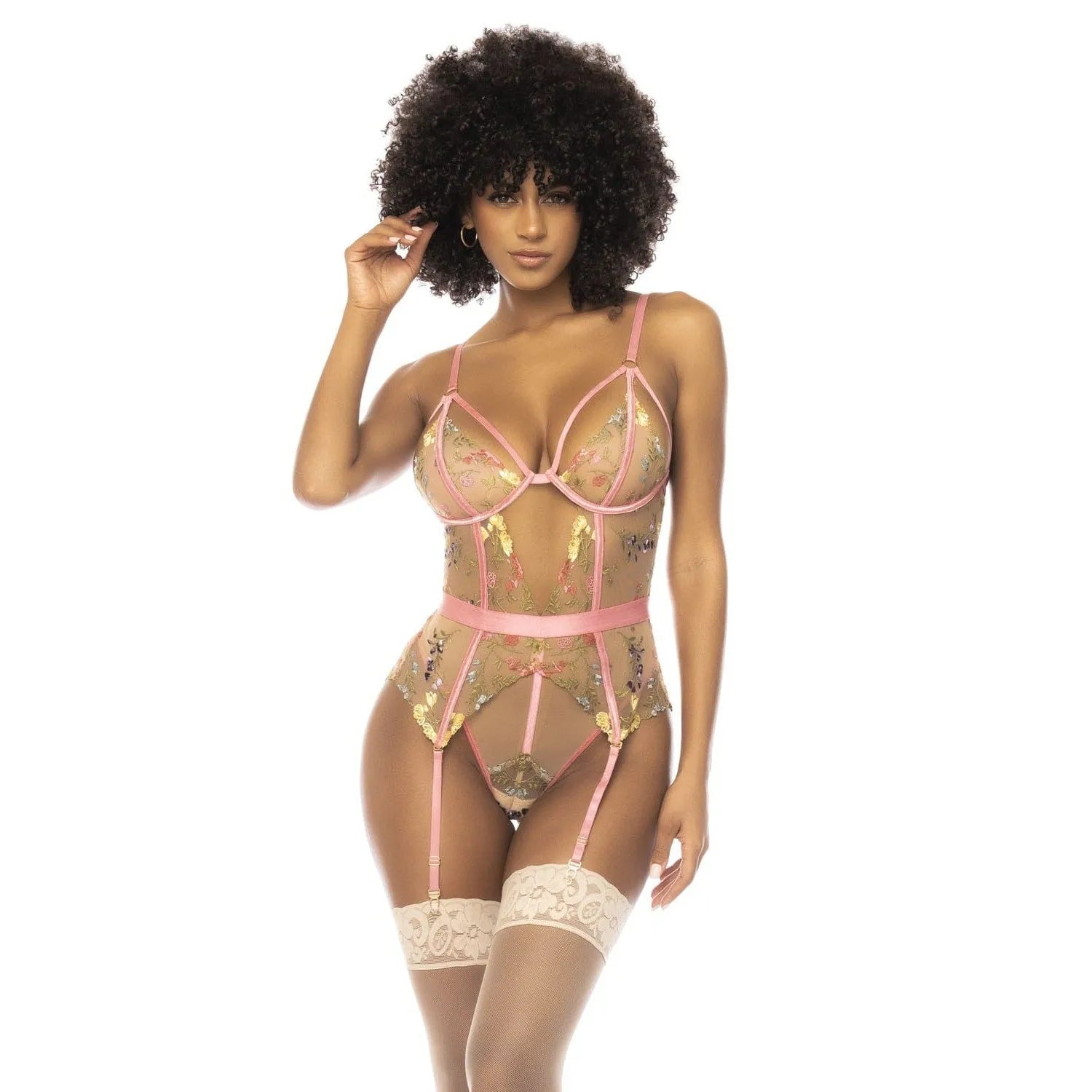 Body Dentelle Brodée Rose Mapalé Armatures Maintien Bretelles Réglables Porte Jarretelles Amovibles Fermeture Pression Entrejambe Confort