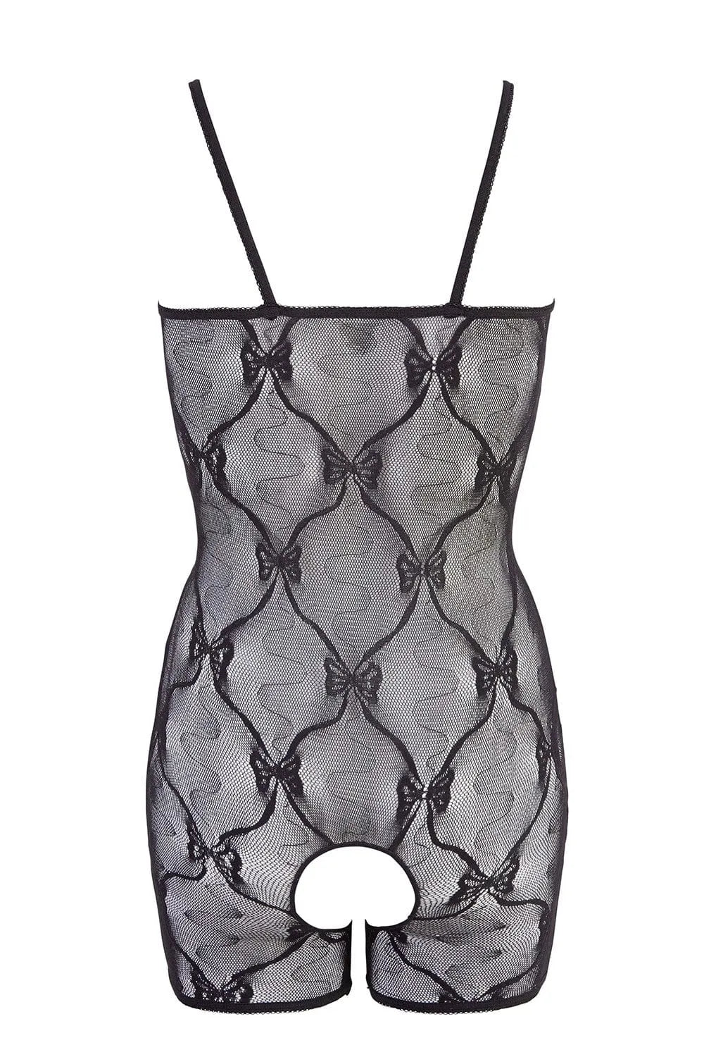 Combinaison short noire résille transparente, imprimé noeuds, ouvertures poitrine et entrejambe, bretelles fines, mitaines...